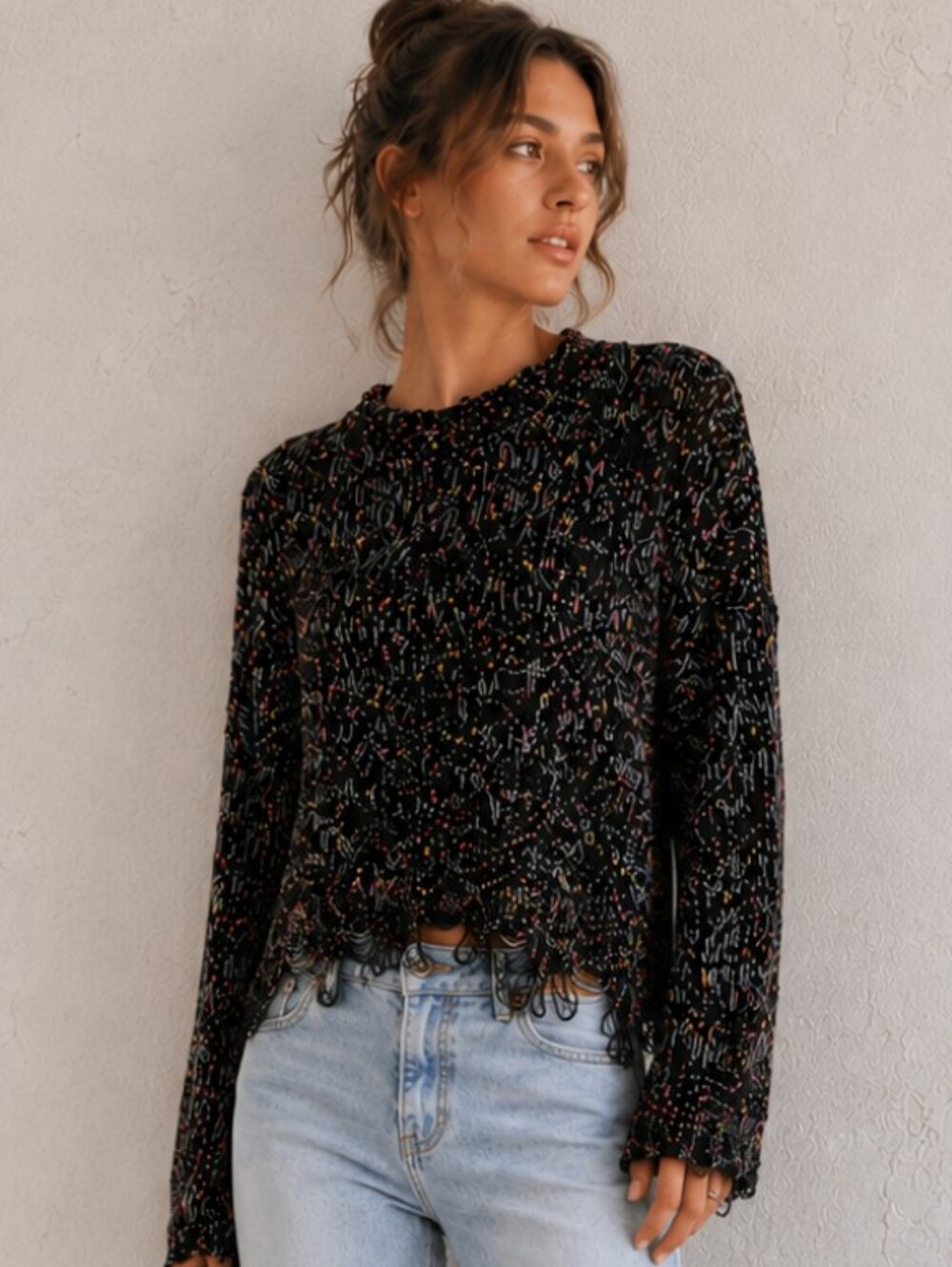 POL Distressed Confetti Knit Sweater L Black Chunky Oversized Boho Raw Hem/Neck